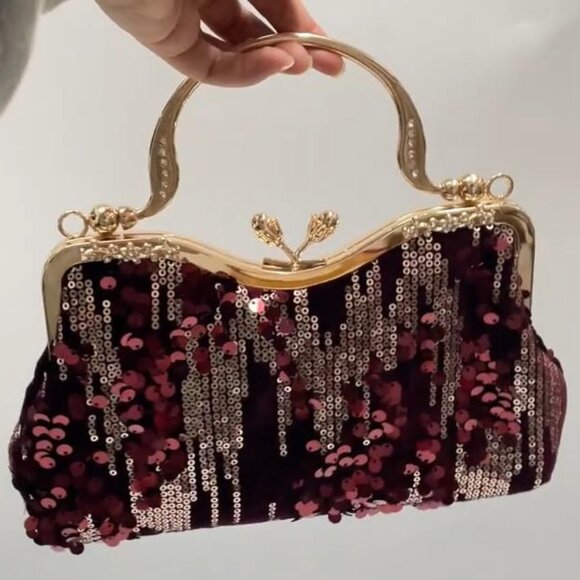 SEQUINED VELVET EVENING BAG in Burgundy - Picture 3 of 5